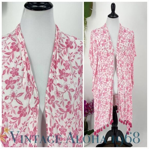 Nordstroms Swim Cover-up Summer Open Front Poncho Pink White Floral - Picture 2 of 6